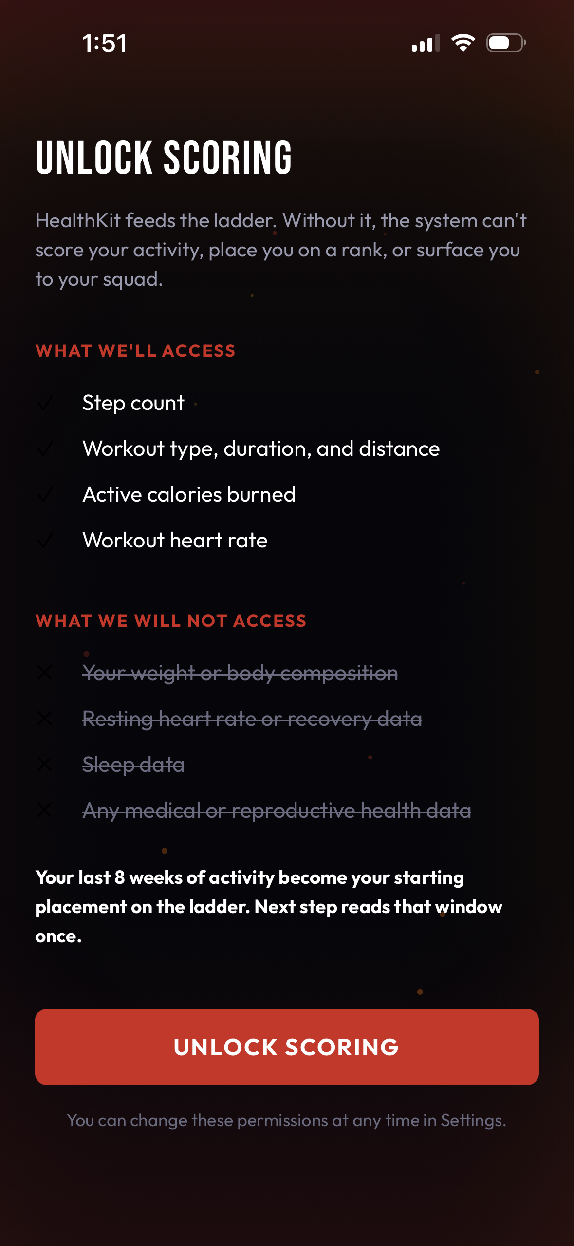 Unlock Scoring screen listing the Apple Health data Gauntlet reads to score your activity