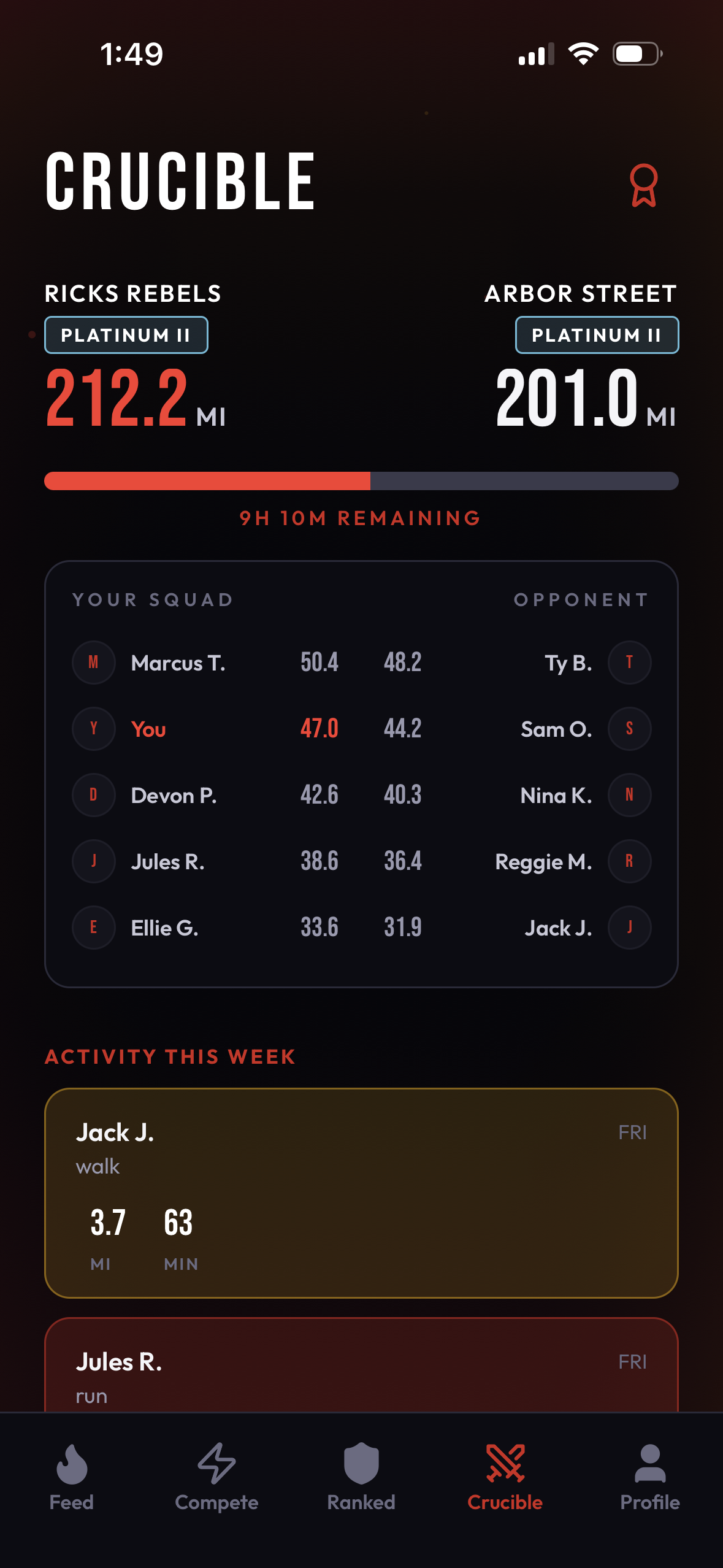 Crucible squad-versus-squad matchup with live mileage totals for each squad